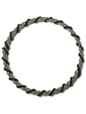 Twisted SLV Bangle Braided BLK Beaded Rope Chain Metal Bracelet 9"